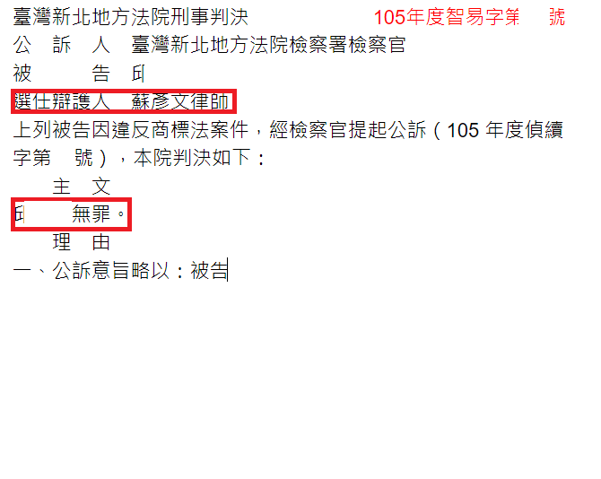 105年度智易案例無罪判決｜違反商標法刑事實務成果