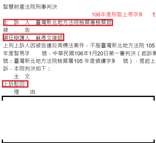 106年度刑智上易案例上訴駁回判決｜商標法刑事實務成果