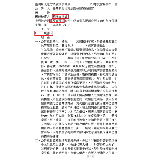 36.被訴侵害LV商標權刑事第一審 勝訴 無罪.jpg